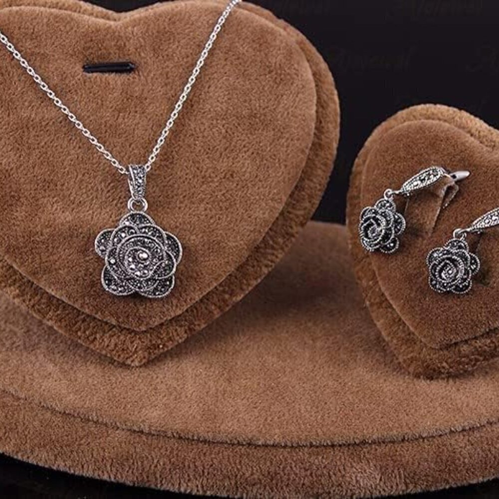 Vintage Black Crystal Geometric Rose Flower Necklace Earrings Jewelry Set - Picture 4 of 7